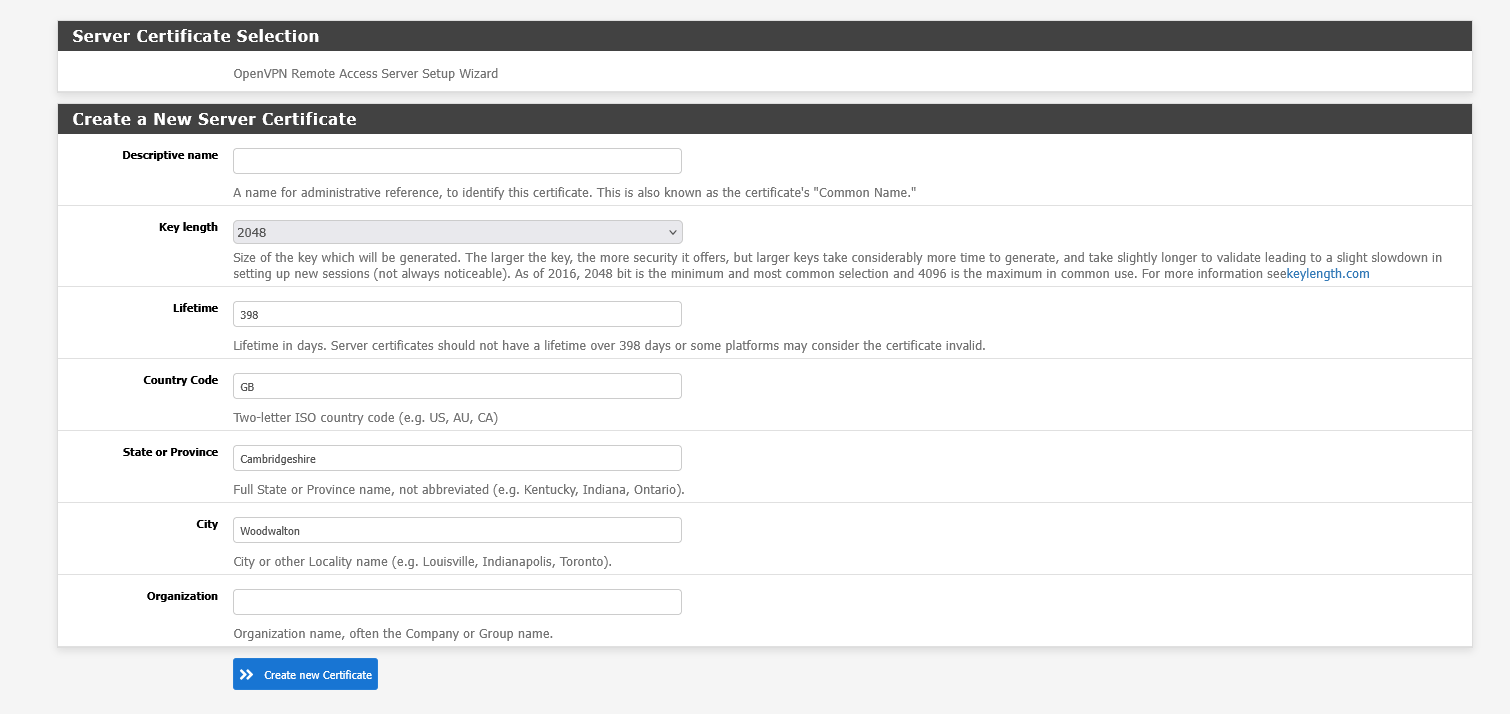 Create new server certificate