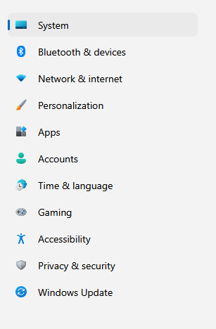 Windows Settings - System Tab